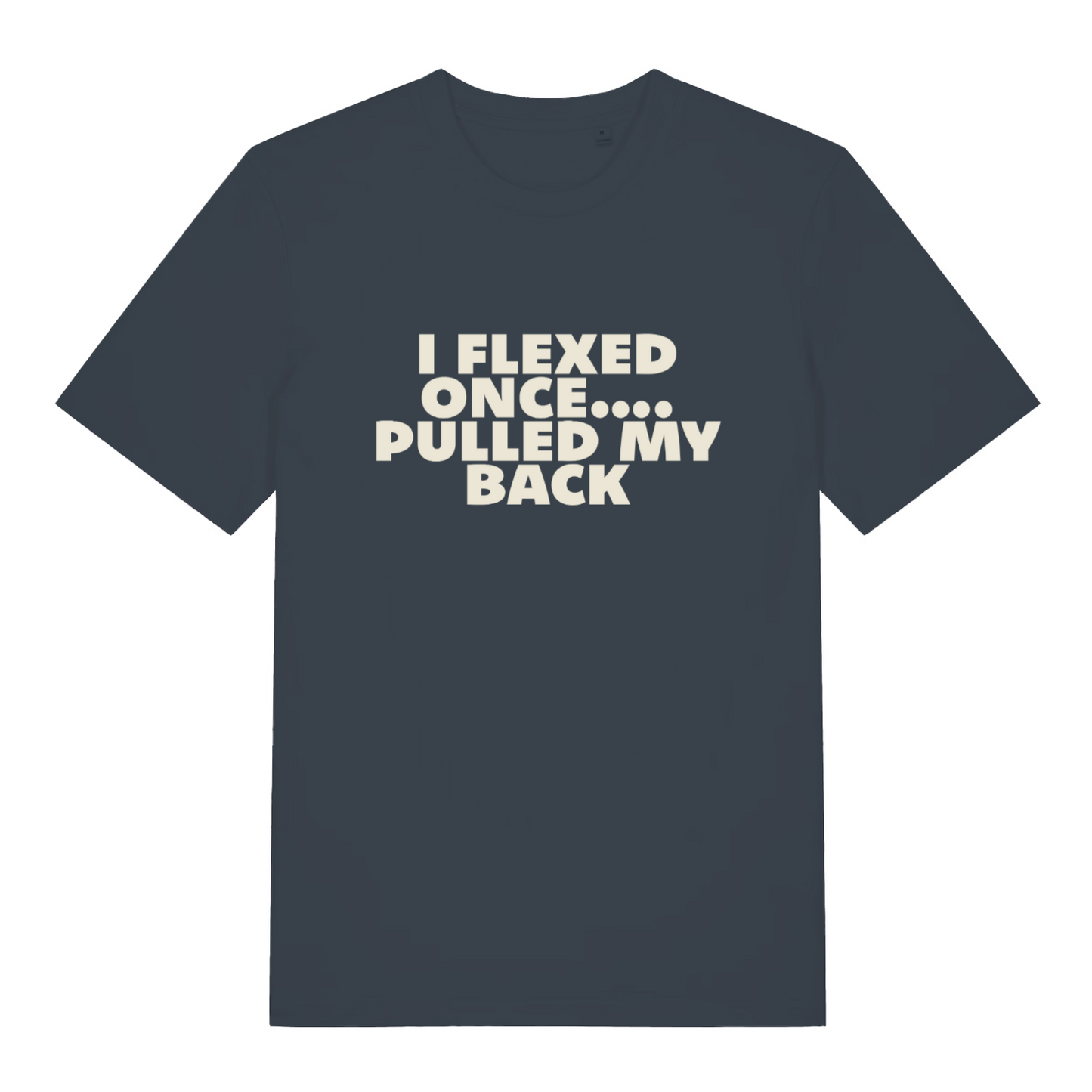 ink grey sarcastic t-shirt with the slogan 'i flexed once, pulled my back'