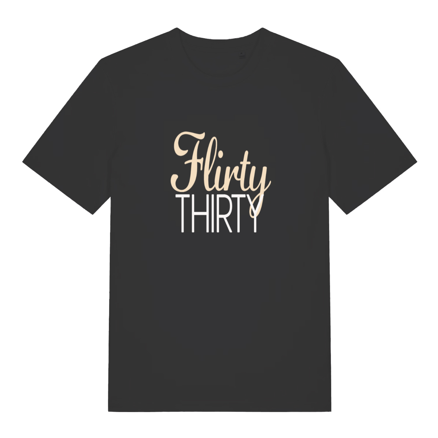 Black women's Flirty Thirty T-shirt flat lay with elegant cursive "Flirty Thirty" birthday slogan