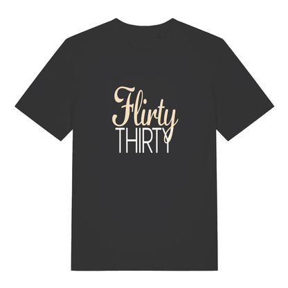 Black women's Flirty Thirty T-shirt flat lay with elegant cursive "Flirty Thirty" birthday slogan