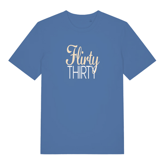 blue women's birthday t-shirt with the slogan 'flirty thirty'