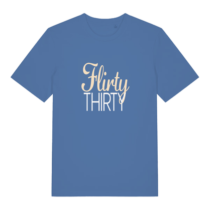 Bright Blue women's Flirty Thirty T-shirt flat lay featuring gold/white "Flirty Thirty" text