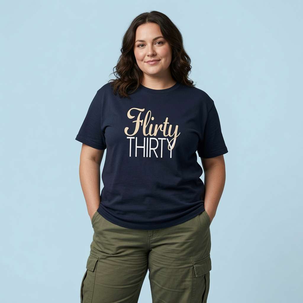 Woman with hands in pockets in french navy Flirty Thirty t-shirt, ladies birthday slogan