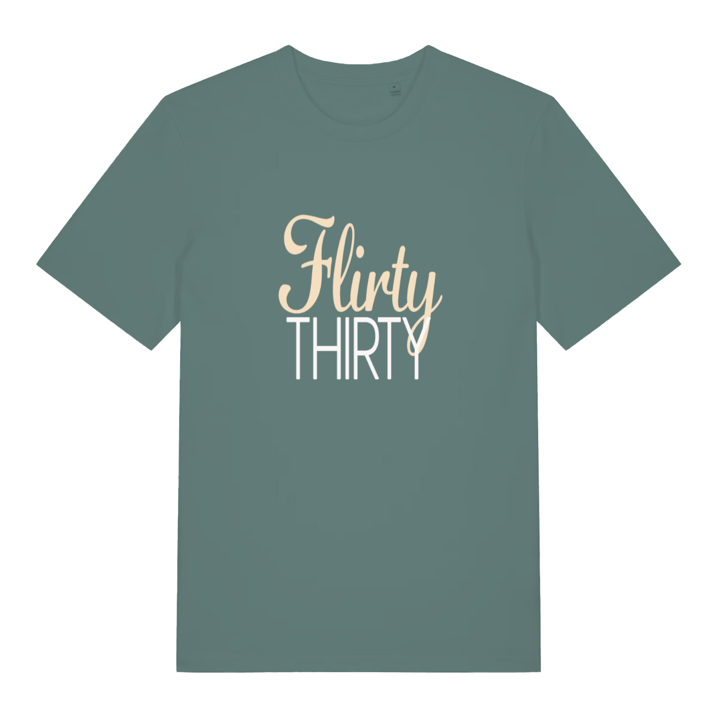 Green Bay women's Flirty Thirty T-shirt flat lay with cursive Flirty Thirty slogan