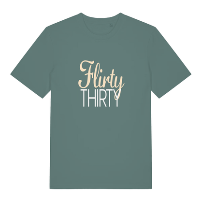 Green Bay women's Flirty Thirty T-shirt flat lay with cursive Flirty Thirty slogan