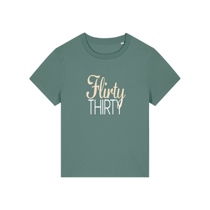 green slogan t-shirt that reads 'flirty thirty'
