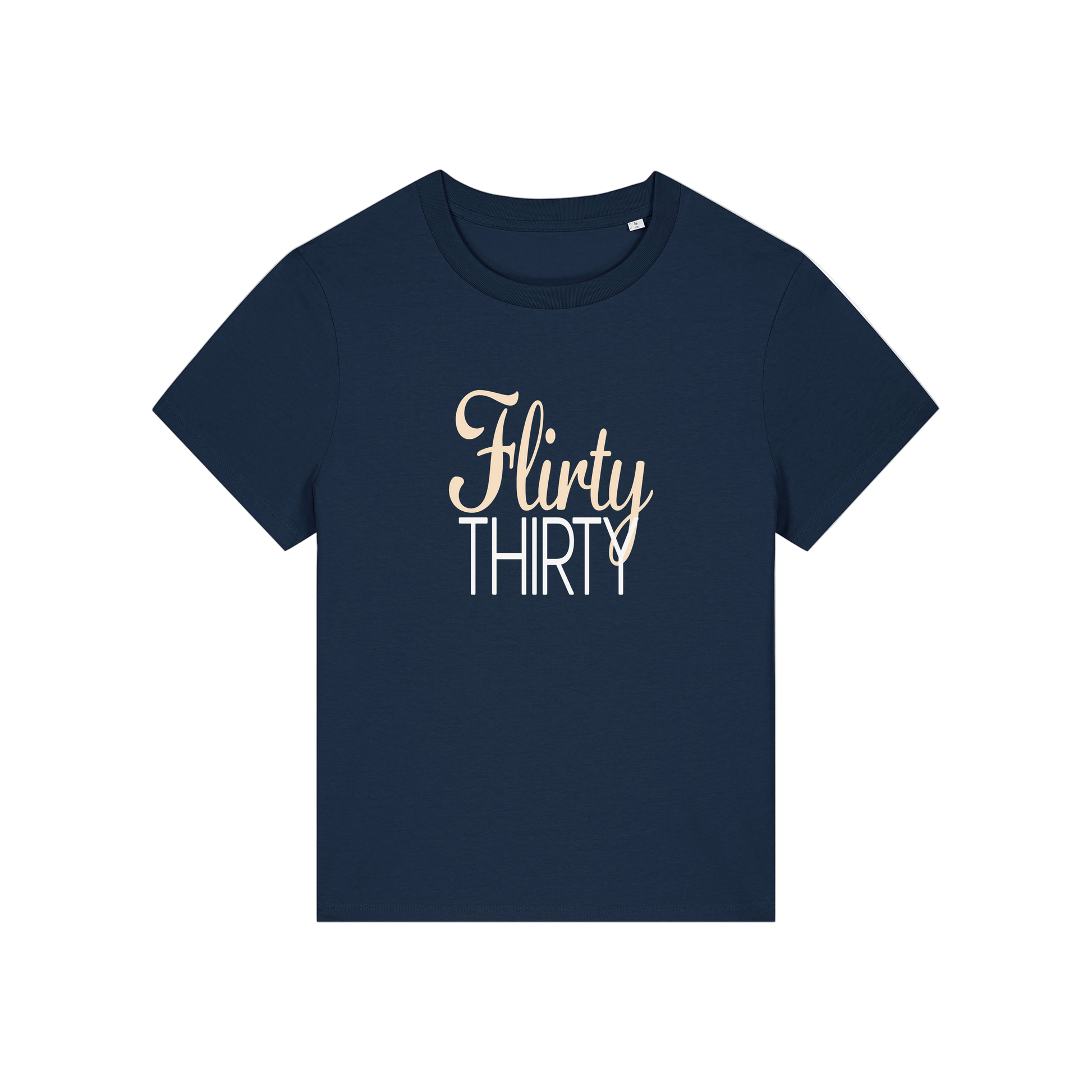 navy slogan t-shirt that reads 'flirty thirty'