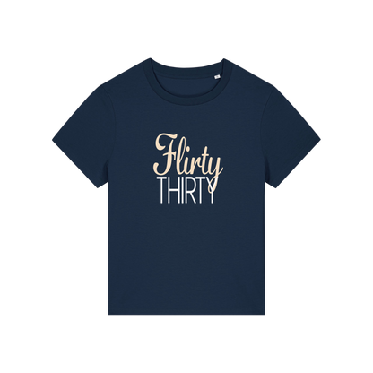 navy slogan t-shirt that reads 'flirty thirty'