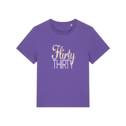 purple slogan t-shirt that reads 'flirty thirty'