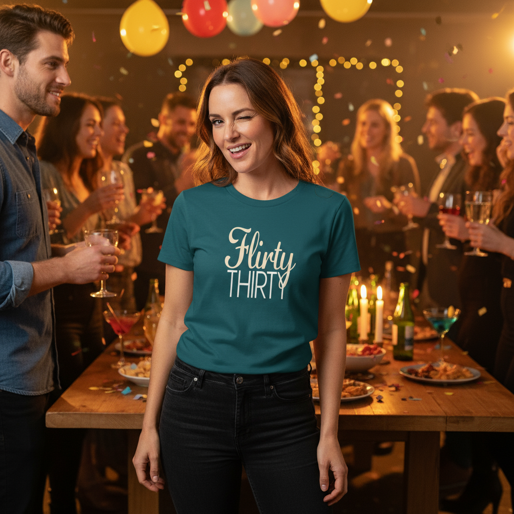 Woman wearing a 'Flirty Thirty' shirt at a party with friends.