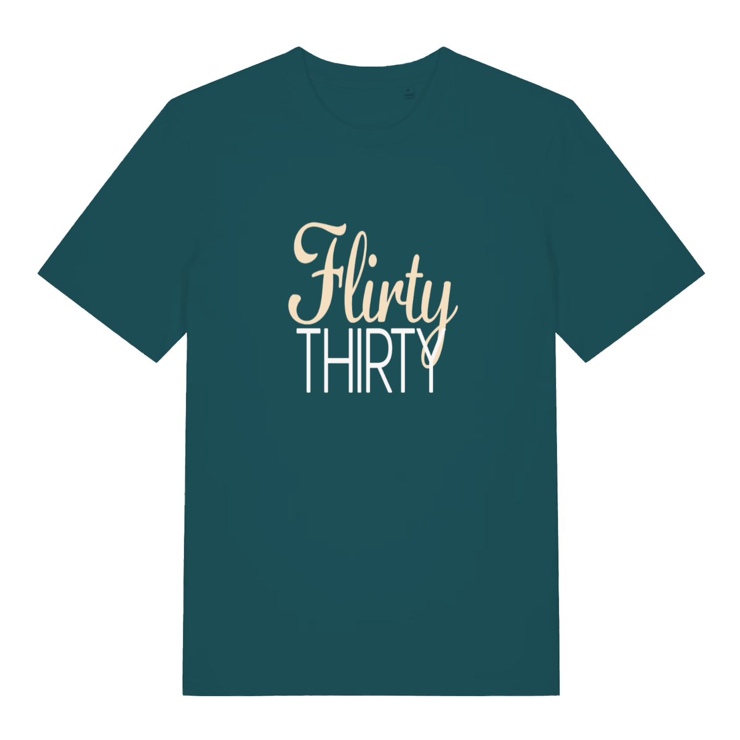 Stargazer women's Flirty Thirty T-shirt flat lay displaying elegant "Flirty Thirty" birthday graphic