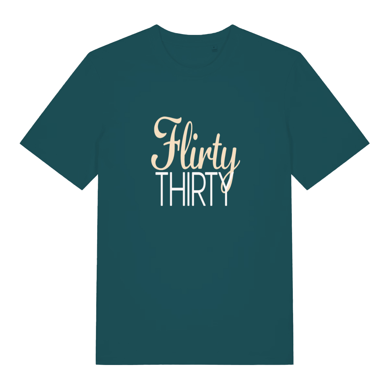 Stargazer women's Flirty Thirty T-shirt flat lay displaying elegant "Flirty Thirty" birthday graphic