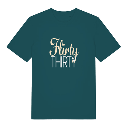 Stargazer women's Flirty Thirty T-shirt flat lay displaying elegant "Flirty Thirty" birthday graphic