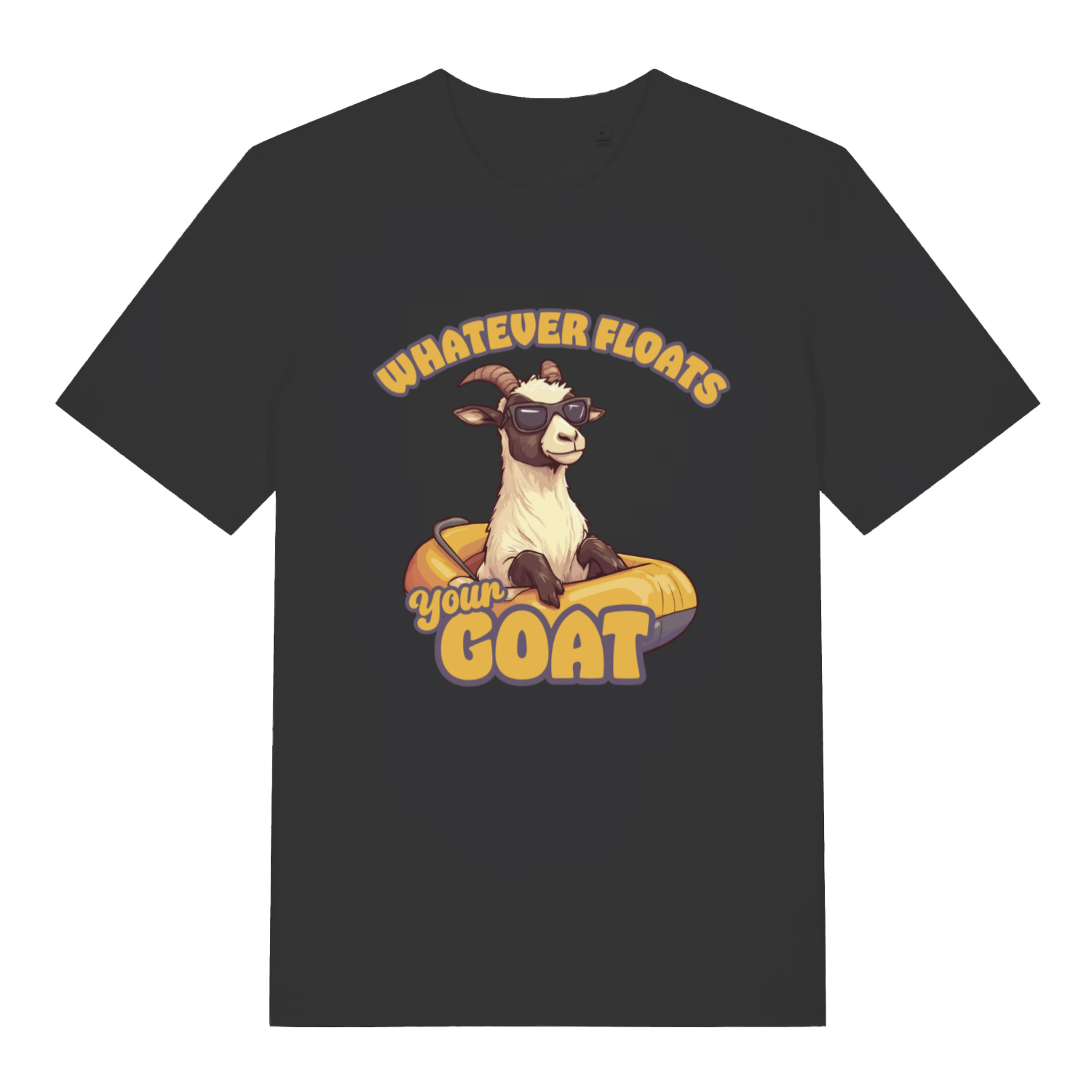 Black Floats Your Goat T-shirt flat lay with cool goat in sunglasses inner tube graphic
