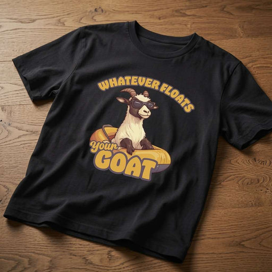 Black Whatever Floats Your Goat t-shirt on wood featuring goat in sunglasses and ring, funny witty mens animal pun