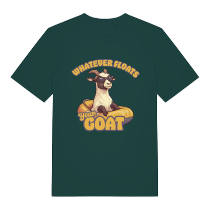 Glazed Green Floats Your Goat T-shirt flat lay featuring funny "Whatever Floats Your Goat" design