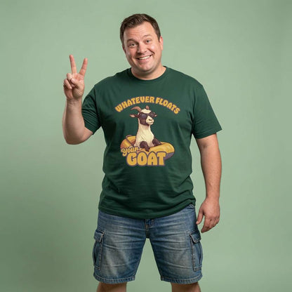 Man smiling making peace sign in green Whatever Floats Your Goat tee, funny cheeky goat pun graphic