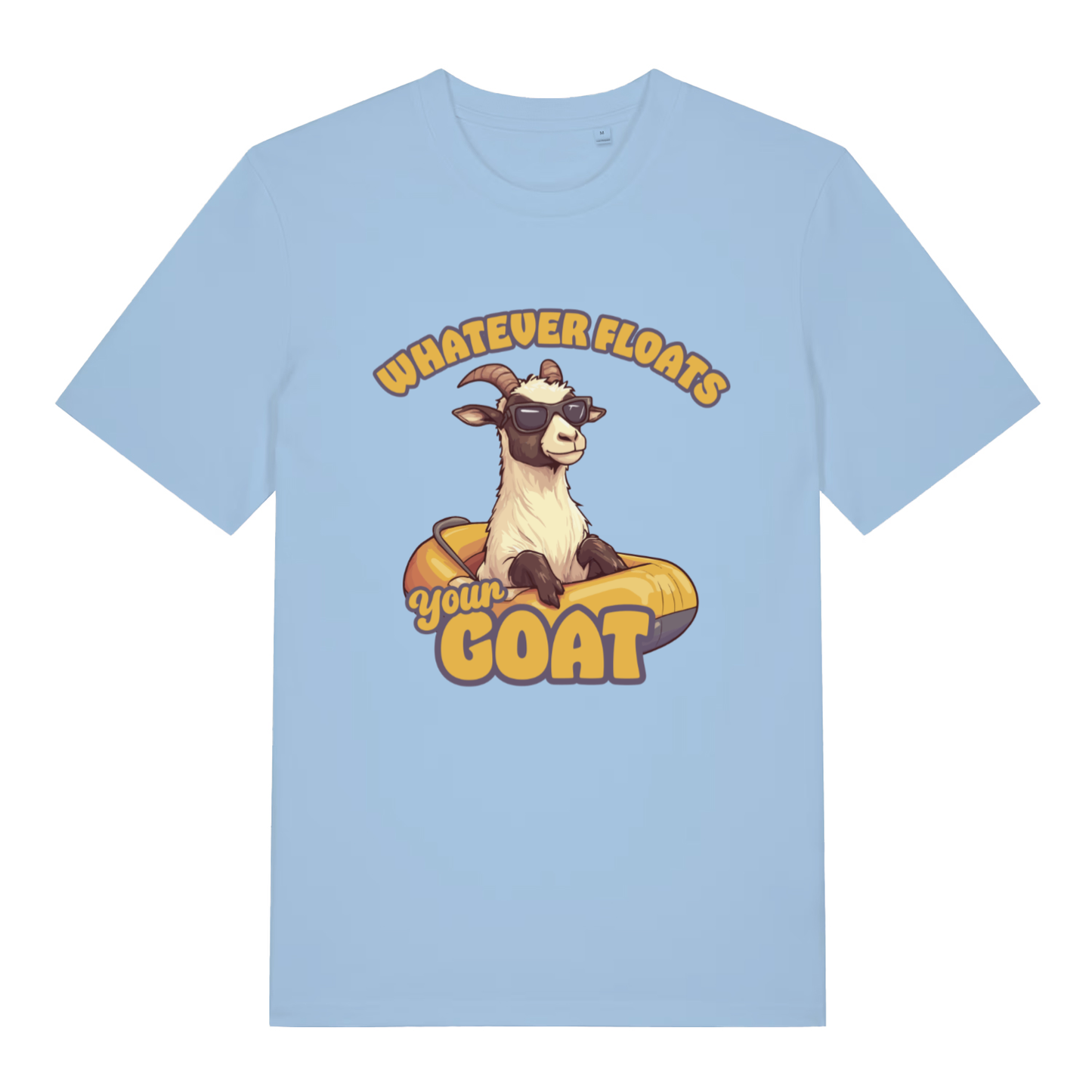 Light Blue Floats Your Goat T-shirt flat lay showing chilled goat summer pun artwork