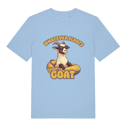 Light Blue Floats Your Goat T-shirt flat lay showing chilled goat summer pun artwork