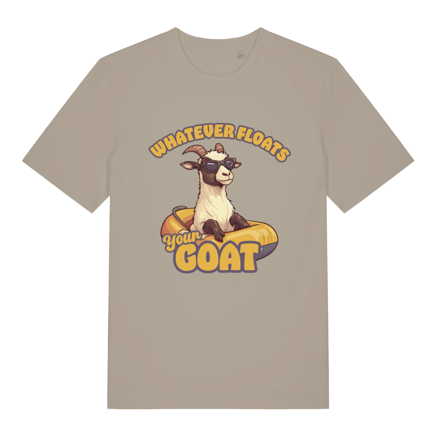 Stone Floats Your Goat T-shirt flat lay with goat wearing shades in rubber ring