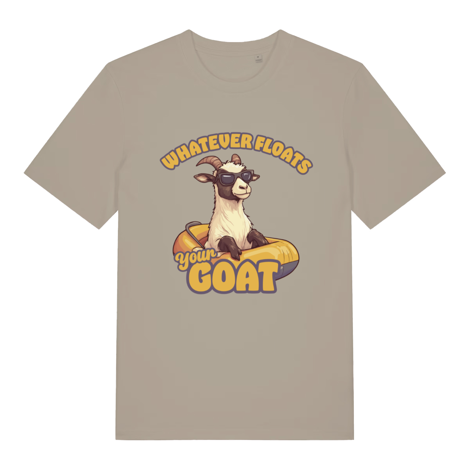Stone Floats Your Goat T-shirt flat lay with goat wearing shades in rubber ring