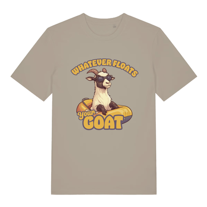Stone Floats Your Goat T-shirt flat lay with goat wearing shades in rubber ring