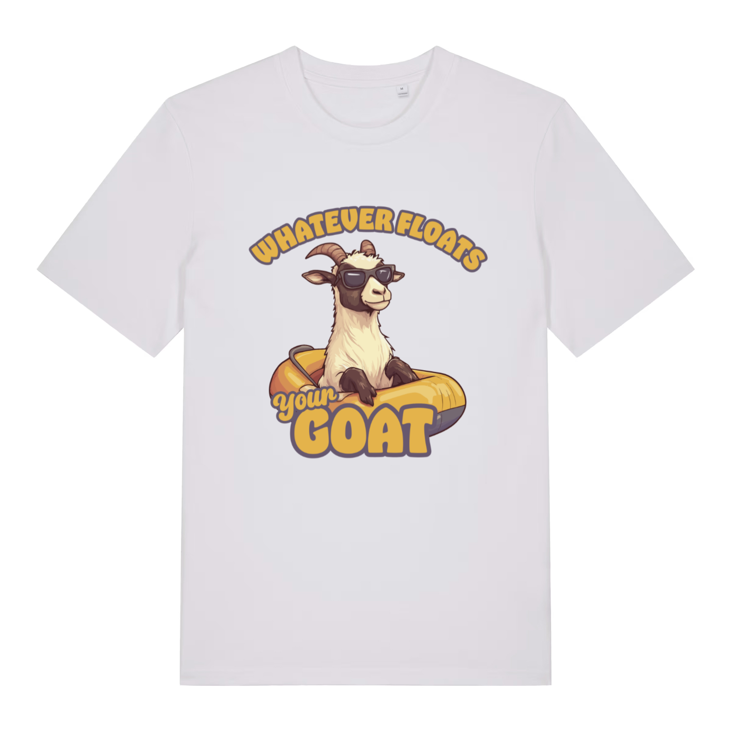 White Floats Your Goat T-shirt flat lay displaying "Whatever Floats Your Goat" funny graphic