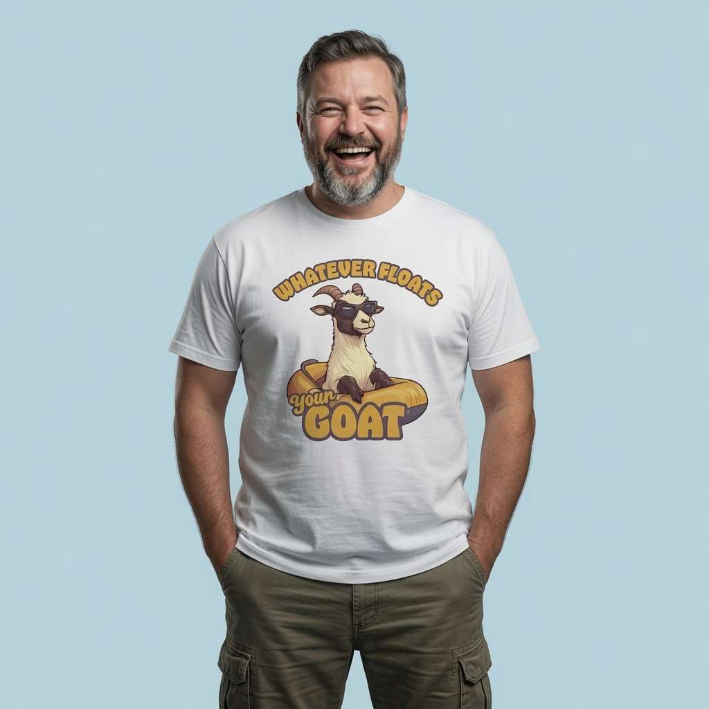 Bearded man laughing with hands in pockets in white Whatever Floats Your Goat t-shirt, funny witty animal pun graphic