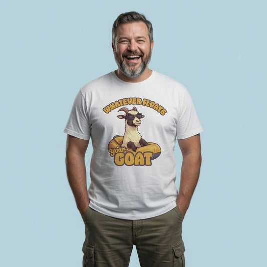 Bearded man laughing with hands in pockets in white Whatever Floats Your Goat t-shirt, funny witty animal pun graphic