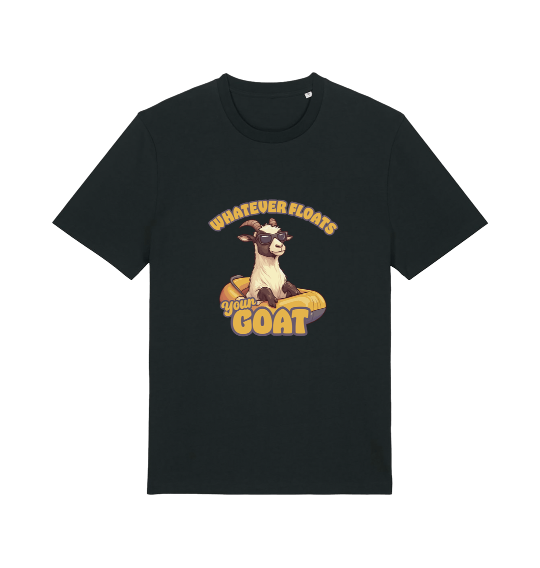 black animal t-shirt with the graphic of a cartoon goat and the slogan 'whatever floats your goat'