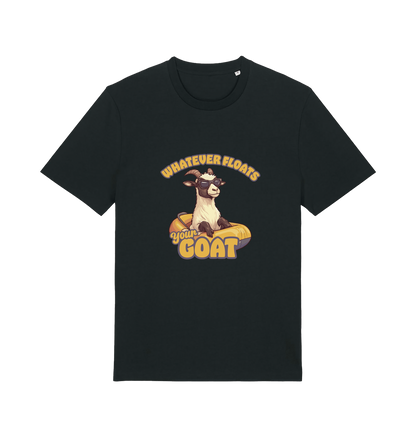 black animal t-shirt with the graphic of a cartoon goat and the slogan 'whatever floats your goat'