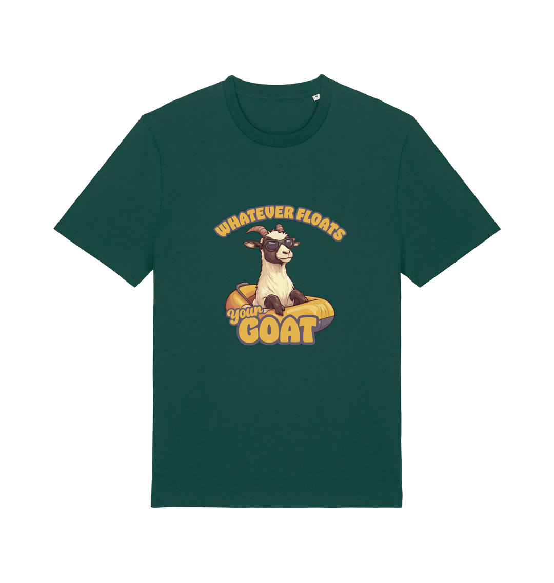 green animal t-shirt with the graphic of a cartoon goat and the slogan 'whatever floats your goat'
