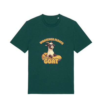 green animal t-shirt with the graphic of a cartoon goat and the slogan 'whatever floats your goat'
