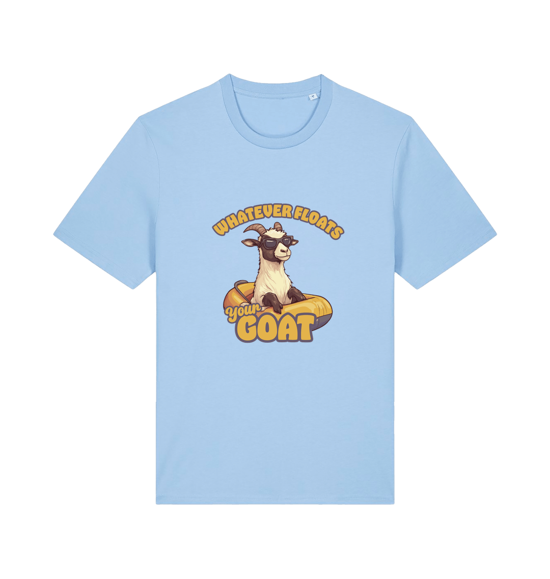 light blue animal t-shirt with the graphic of a cartoon goat and the slogan 'whatever floats your goat'