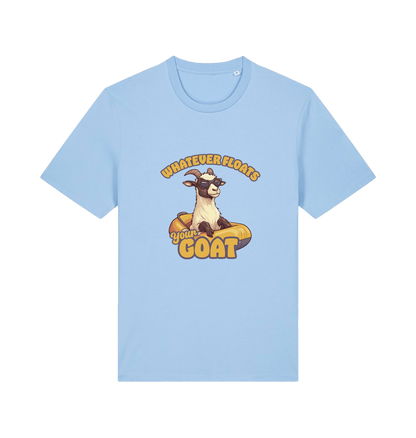 light blue animal t-shirt with the graphic of a cartoon goat and the slogan 'whatever floats your goat'