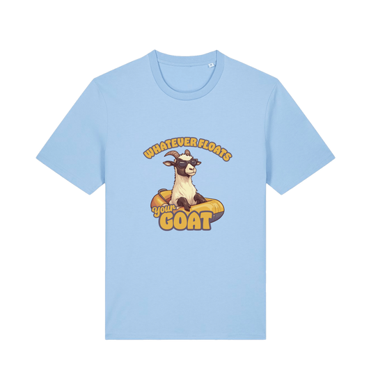light blue animal t-shirt with the graphic of a cartoon goat and the slogan 'whatever floats your goat'