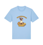 light blue animal t-shirt with the graphic of a cartoon goat and the slogan 'whatever floats your goat'
