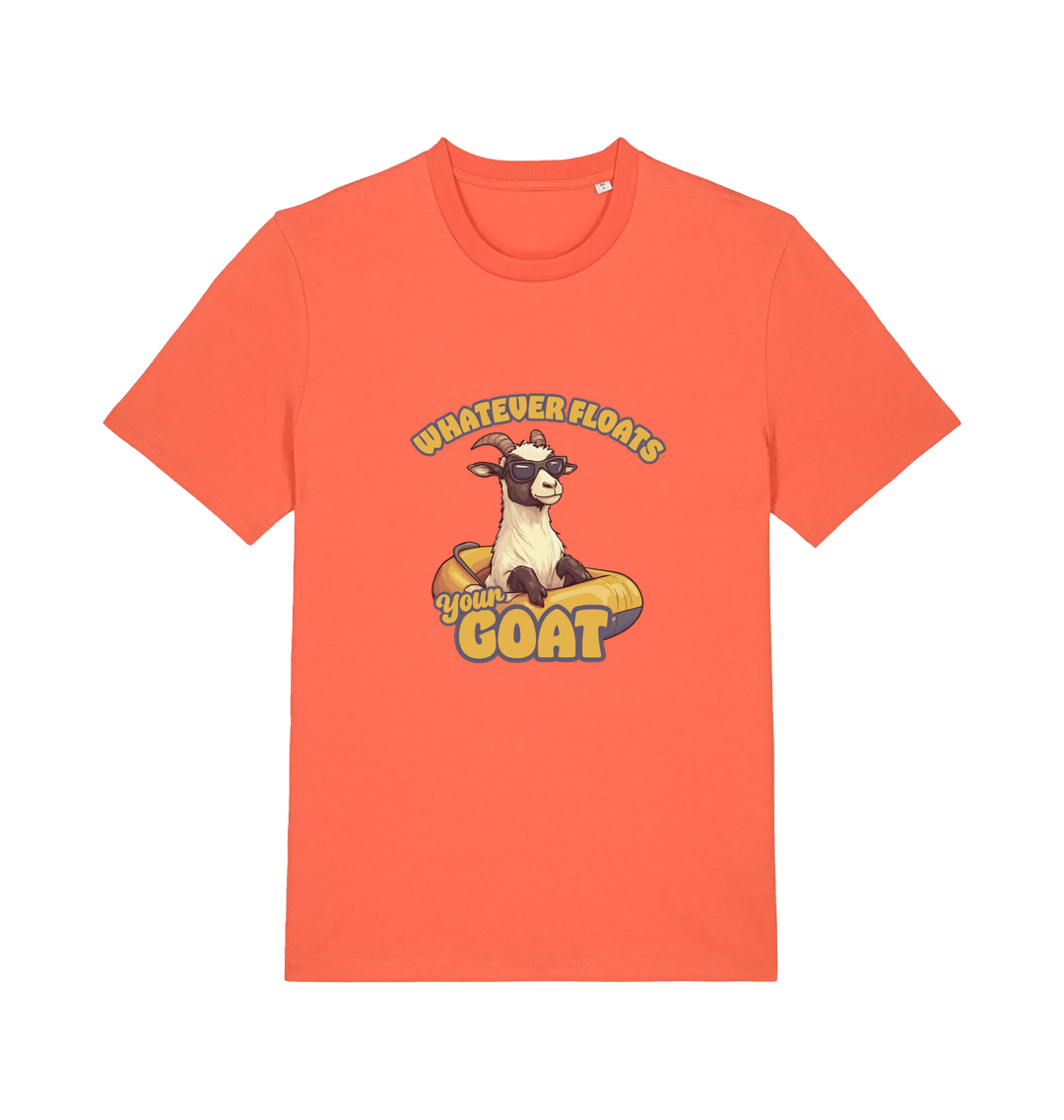 orange animal t-shirt with the graphic of a cartoon goat and the slogan 'whatever floats your goat'