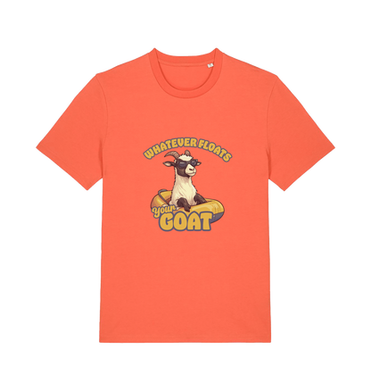 orange animal t-shirt with the graphic of a cartoon goat and the slogan 'whatever floats your goat'