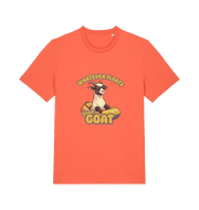 orange animal t-shirt with the graphic of a cartoon goat and the slogan 'whatever floats your goat'