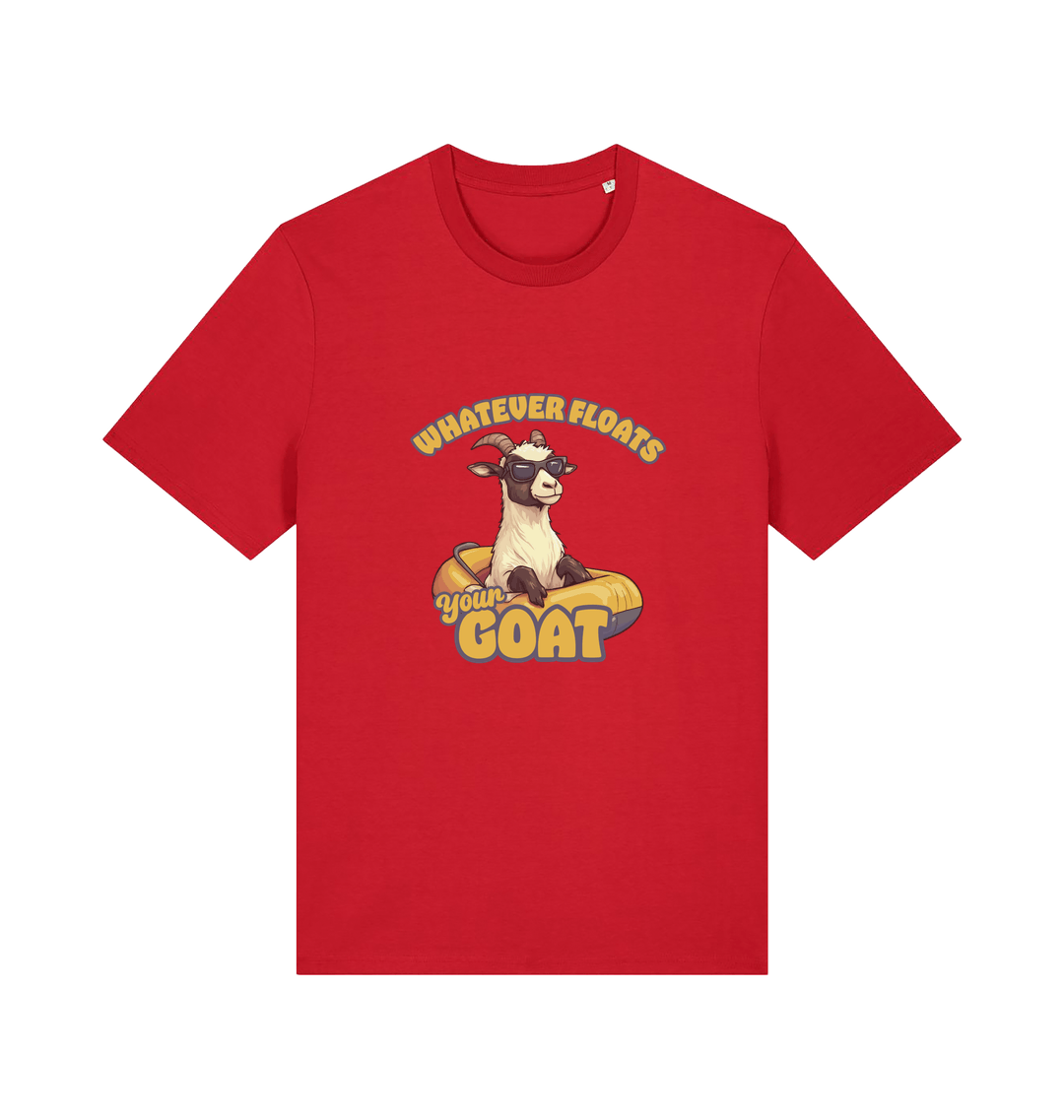 red animal t-shirt with the graphic of a cartoon goat and the slogan 'whatever floats your goat'
