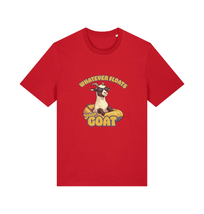 red animal t-shirt with the graphic of a cartoon goat and the slogan 'whatever floats your goat'