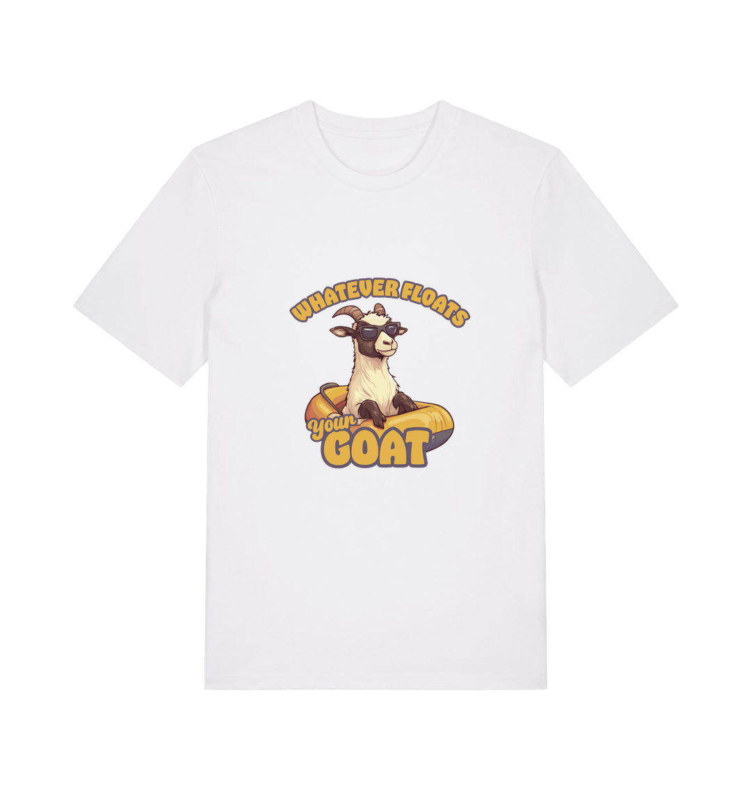 white animal t-shirt with the graphic of a cartoon goat and the slogan 'whatever floats your goat'