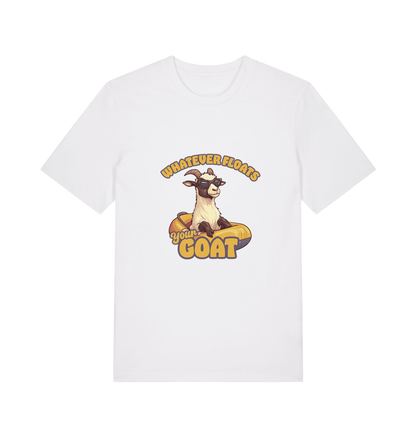 white animal t-shirt with the graphic of a cartoon goat and the slogan 'whatever floats your goat'