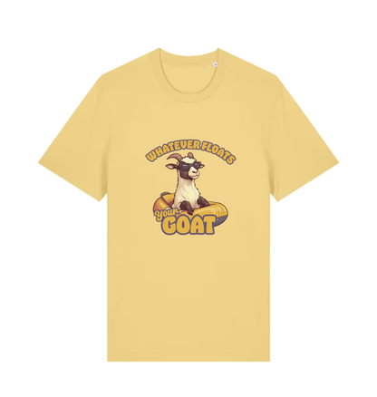 yellow animal t-shirt with the graphic of a cartoon goat and the slogan 'whatever floats your goat'