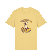 yellow animal t-shirt with the graphic of a cartoon goat and the slogan 'whatever floats your goat'