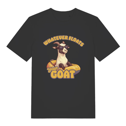 Black women's Floats Your Goat T-shirt flat lay with cool goat in sunglasses inner tube graphic
