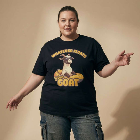 Woman gesturing with hands open in black Whatever Floats Your Goat tee, fun witty animal pun