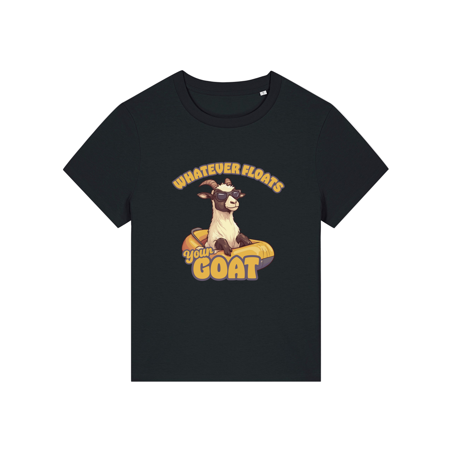 black funny animal t-shirt with the graphic of a goat in a dinghy and the slogan 'whatever floats your goat'