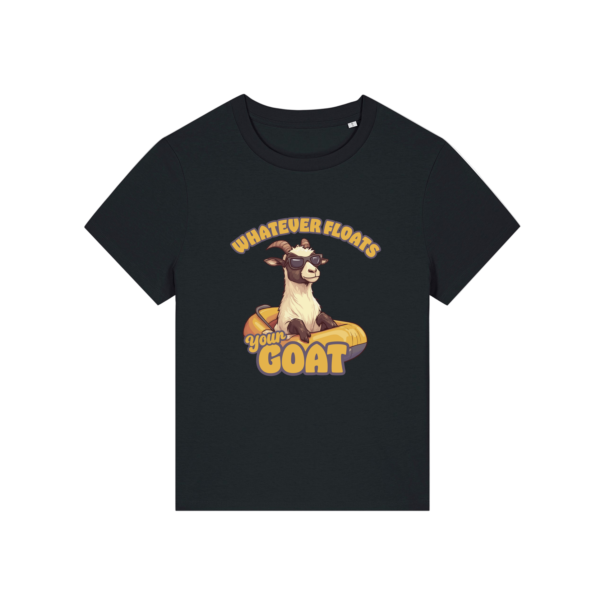 black funny animal t-shirt with the graphic of a goat in a dinghy and the slogan 'whatever floats your goat'