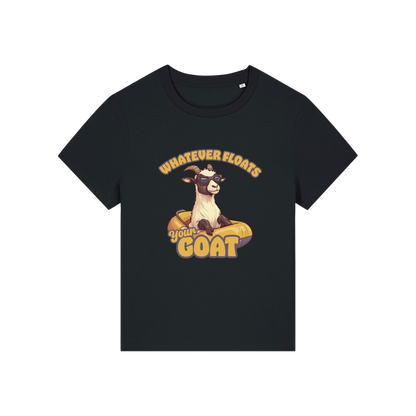 black funny animal t-shirt with the graphic of a goat in a dinghy and the slogan 'whatever floats your goat'